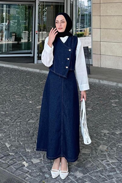 lamelif Kruvaz Κλείσιμο Τζιν Φούστα Σετ Τζιν Μπλε