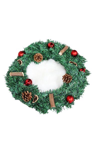 ideal STORE Coronita pentru Craciun idealStore din Brad Artificial, Diametru 40CM, Decorata cu Globulete Rosii,