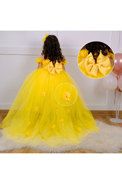 sara tasarım Çiçekli Kız Çocuk Abiye - Kristal Tüllü Abiye Kız Çocuk Elbise Nişan Düğün Çocuk Elbise