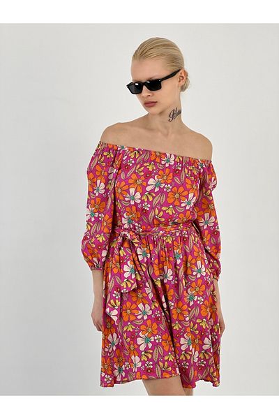 Miss Poem Women's Off Shoulder Balloon Sleeve Fuchsia Dress