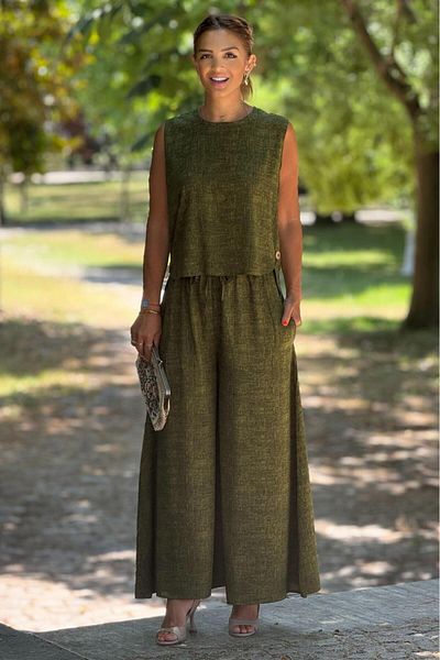 Nevin Kaya Moda Sicily Moss Color Buttoned Trousers Blouse Double Suit