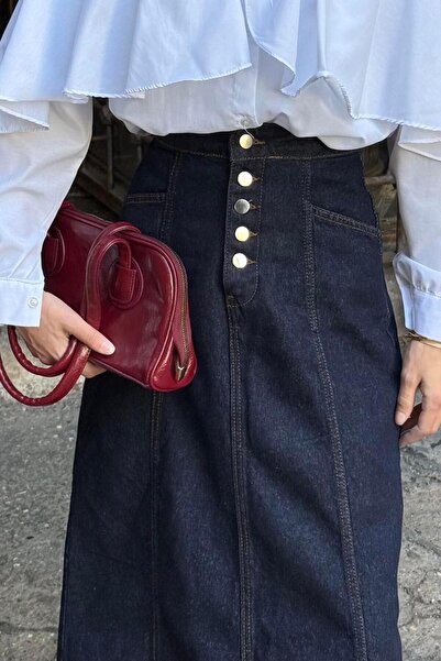 lamelif Κουμπιά Λεπτομερή Καπάκι Hijab Τζιν Φούστα Τζιν Μπλε