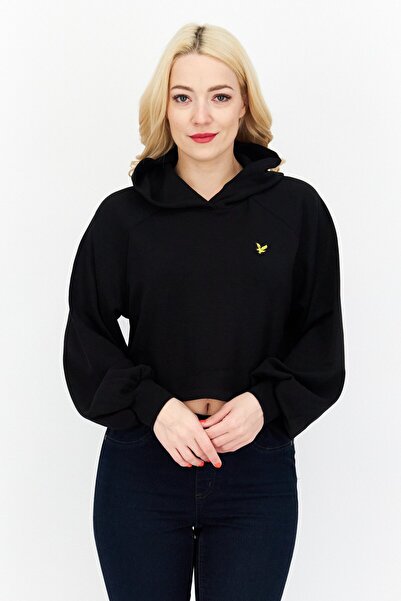 Lyle & Scott سويت شيرت نسائي سادة بأكمام طويلة وغطاء رأس، أسود