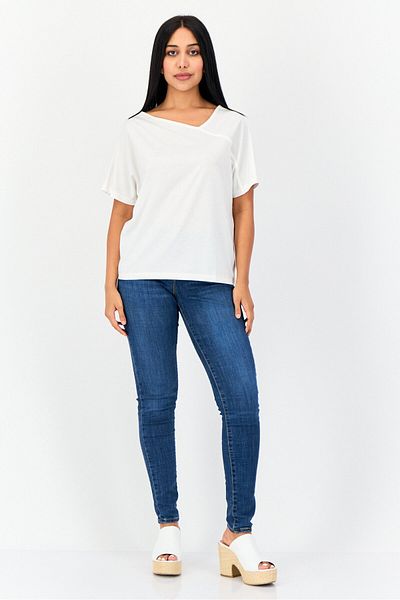 Giordano Women V Neck Short Sleeves Solid T-Shirts, White