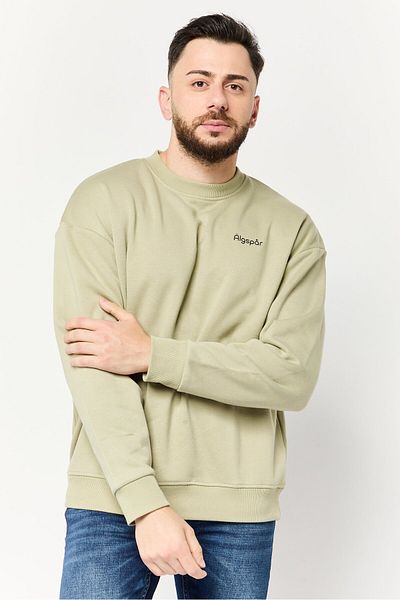 Algspar Men Crew Neck Long Sleeve Brand Logo Sweatshirts, Olive