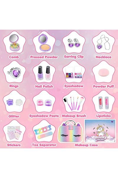 Hggzeg Set make up pentru fetite, Hggzeg, Cu 29 de elemente pentru make-up, Lantisor, Cercei, Inel, Farduri