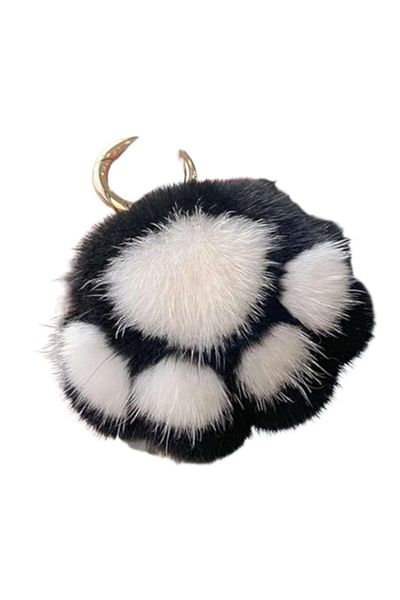 victiny Breloc cu labuta de pisica pufos, VICTINY® negru/alb 10 cm