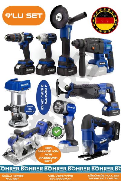 BÖHRER Alman 9 Makine Kombo Set BA01093M 4 Akülü 2 Şarjlı Kömürsüz V598 5Ah Profesyonel - BLUE MAVİ