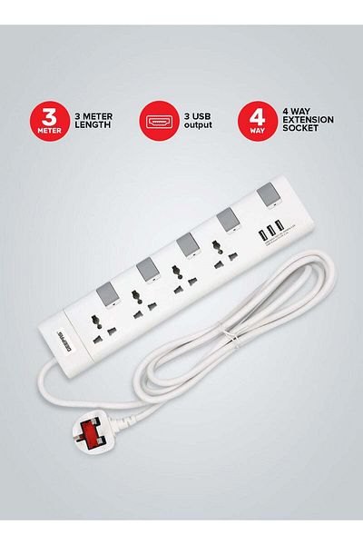Geepas Extension Socket, 4 Ways, 3m Cord Length, GES4095