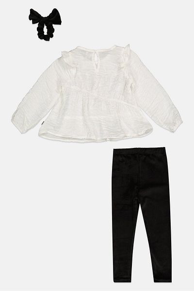 Dkny Toddlers Girl 3 Pieces Textured Top With Leggings And Scruchie Set, White/Black