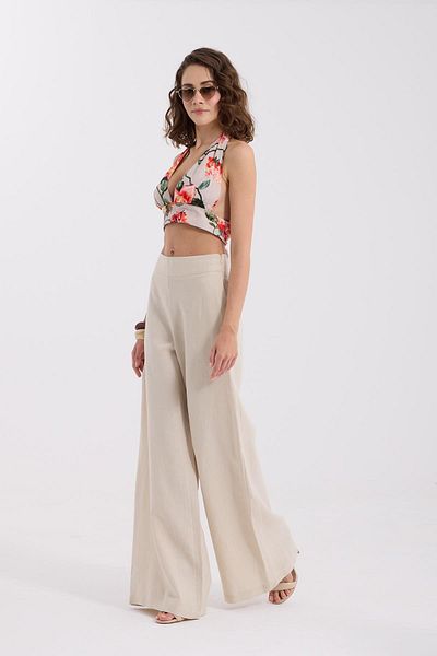 NOK İSTANBUL 100% Linen Emily Loose Elastic Trousers Beige
