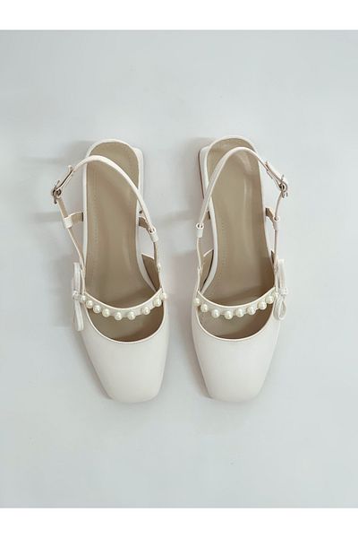 leopar by çetinay Liora Vintage Style Pearl White Skin Heeled Women's Shoes – Square Toe and Open Back