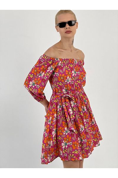 Miss Poem Women's Off Shoulder Balloon Sleeve Fuchsia Dress