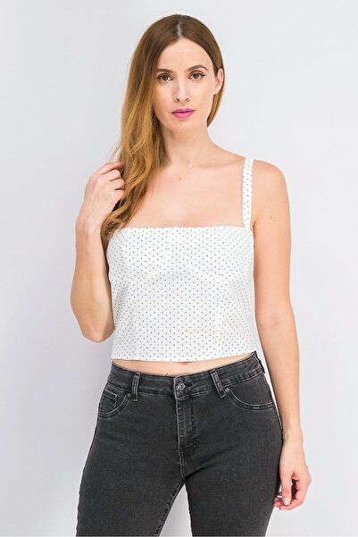 Danielle Bernstein Women Square Neck Dot Cropped Tank Top, White and Black Dot