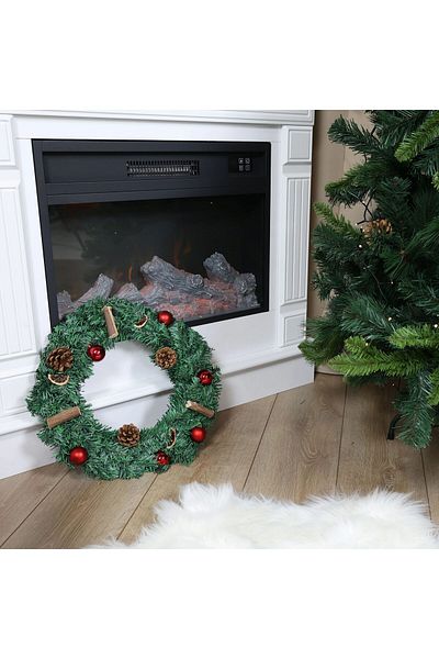 ideal STORE Coronita pentru Craciun idealStore din Brad Artificial, Diametru 40CM, Decorata cu Globulete Rosii,