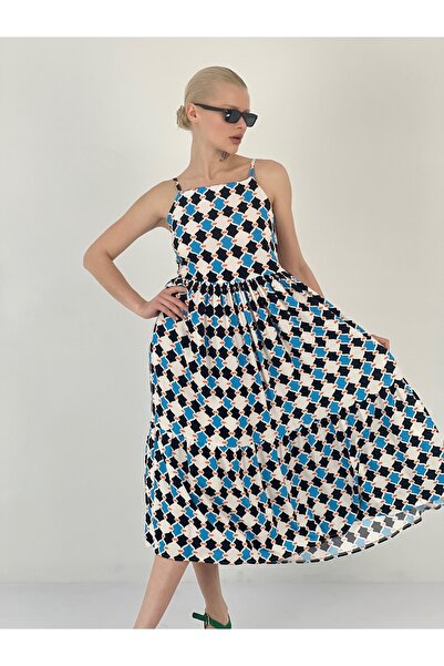Miss Poem Жіноча плісирована синя сукня середньої довжини з візерунком