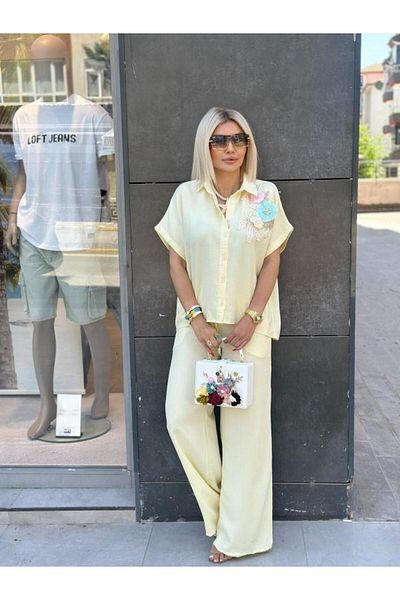 Kokoşum Butik 26488 Panton Suit with Floral Shirt on the Chest Yellow