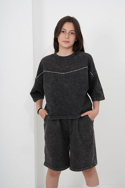 HayKids Girl's Oversize Washed Two Thread Fabric Shorts Set