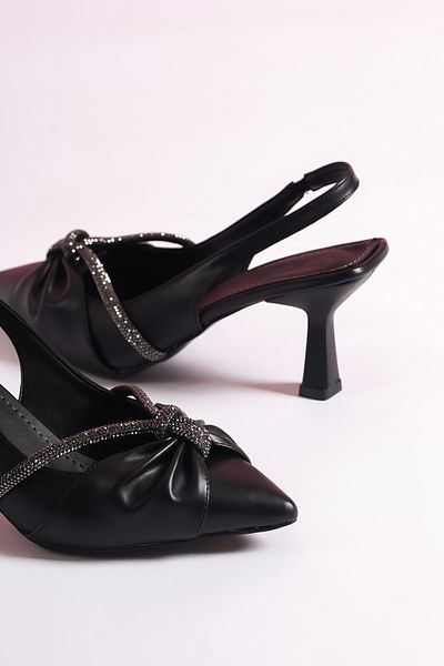 Hvz Stone Detailed Bow Pointed Toe Heeled Women's Shoes - Evening Dress & Special Occasion