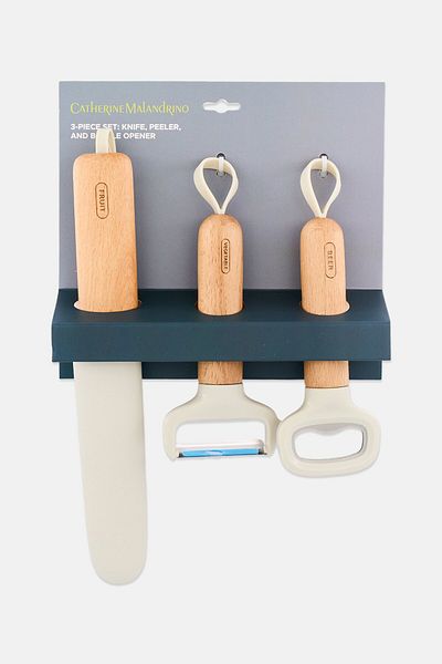 Catherine Malandrino 3 Pieces Wooden Handle Utensil Sets, Beige