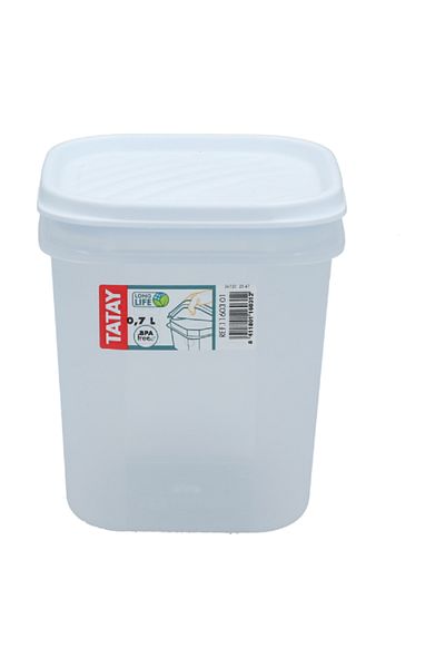 Tatay 0.7L Square Food Container – White Plastic with Lid, 11.7 x 9.9 x 9.9 cm