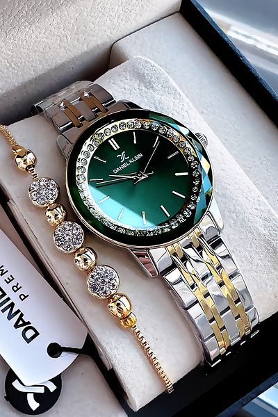 Daniel Klein Gold Green Colored 3 Atm Waterproof Women's Wristwatch - Steel Cord Bracelet Gift DKBY2019C3