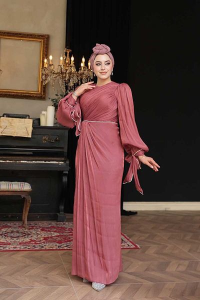 N.S NEVA STYLE Βραδινό φόρεμα Hijab με λεπτομέρεια σκούρο Dusty Rose 50193KGK