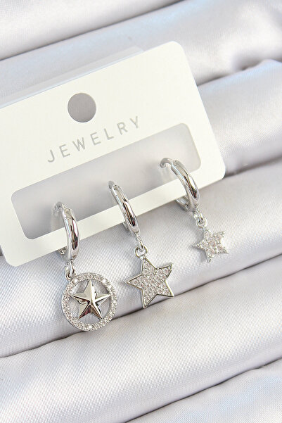 Epilons Brass Zircon Stone Star Model Silver Color 3 Pair Women's Earring Set...