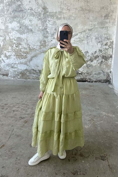 Hatun Atila Double Suit with Tie Collar and Ruffled Sleeves and Layered Skirt 8034 - Fat Green