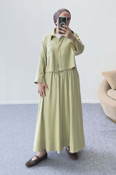 Hatun Atila Double Suit with Short Shirt with Pockets and Skirt with Laces 5214 - Khaki