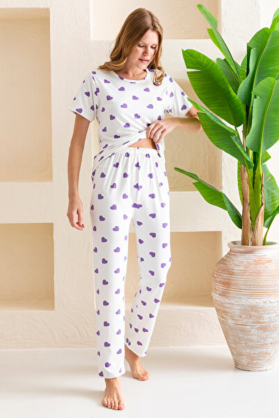 GİYSA Women's Crew Neck Short Sleeve Heart Pattern Pajamas Suit White Purple - 6016