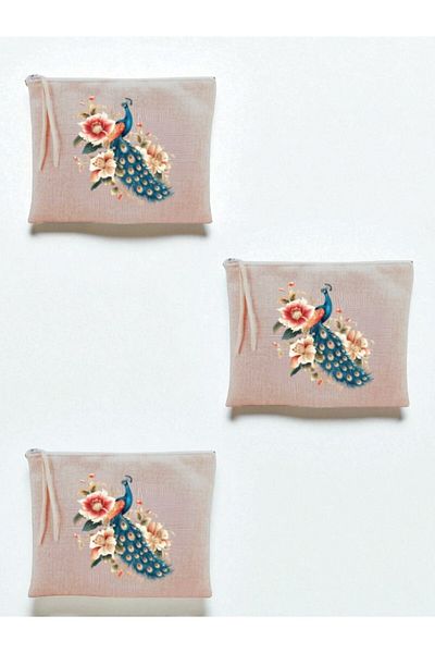 lili hediyelik Τσάντα μακιγιάζ 3 τεμαχίων με στάμπα Peacock 20x25 cm - Μεγάλη τσάντα μακιγιάζ