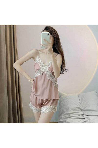 Caprisious Women's Silk Satin with Lace Pajama Set - Elegant Set with Shorts, V-Neck Lace Nightwear