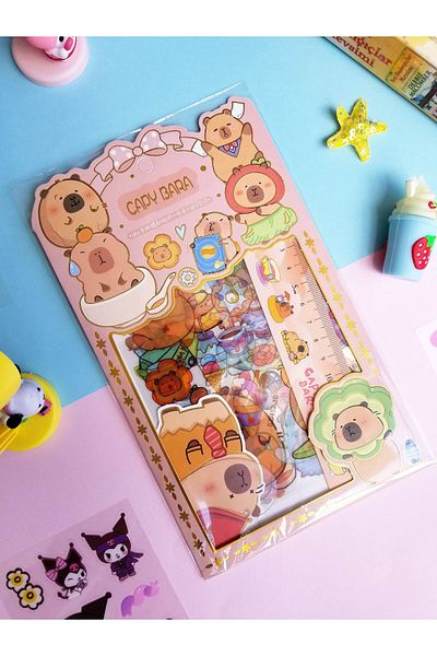 şengül takı evi Capybara Kapibara 4 Sheets Sticker Keychain Ruler Stationery Set