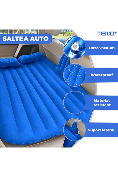Teno Saltea Auto Gonflabila 2 in 1 Teno®, scaun spate si travel bed, 138 x 85 cm, albastru