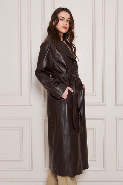 By Marki Marki Women's Genuine Leather Trench Coat – Brown, V-Neck, Belted, Button Closure, Oversize, 120 cm - 117222