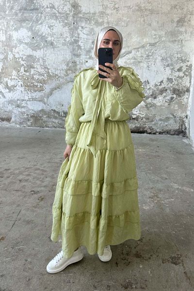 Hatun Atila Double Suit with Tie Collar and Ruffled Sleeves and Layered Skirt 8034 - Fat Green