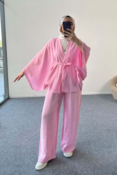 Hatun Atila Kimono Cut Belted and Stone Detailed Suit 5212 - Pink