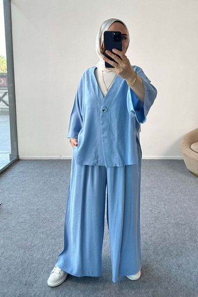 Hatun Atila Buttoned V-Neck Cardigan and Wide-Leg Trousers Double Suit 8852 - Blue