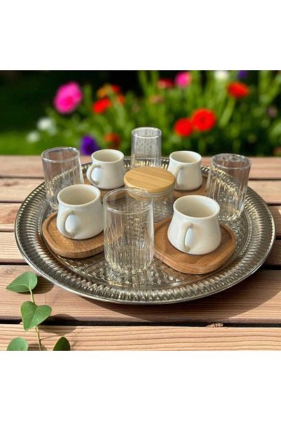 Noah Exclusive 10 Pieces Turkish Coffee Presentation Set - 34 cm Tray - 4 Coffee Cup with Plate - 4 Coffee Cups - Dolmahan
