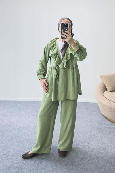 Hatun Atila Ruffle Neck Tie-Up Tunic and Wide Leg Pants Set 8845 - Green