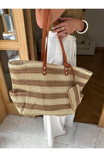 Tina İstanbul Oversize Straw Bag with Pocket Wallet Camel Beige