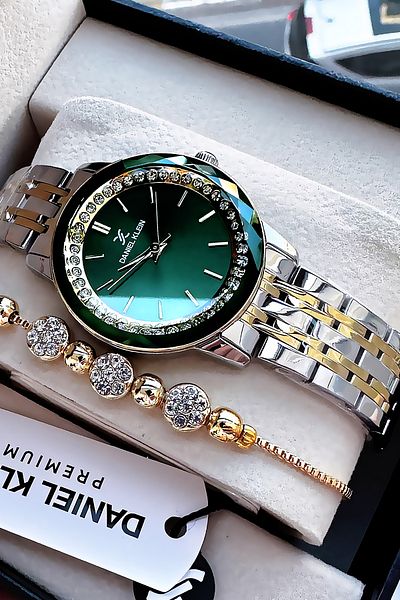Daniel Klein Gold Green Colored 3 Atm Waterproof Women's Wristwatch - Steel Cord Bracelet Gift DKBY2019C3