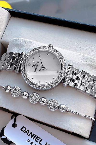 Daniel Klein Original Stone Case Waterproof Women Wristwatch Silver Color Steel Cord Gift Bracelet Dkby2042C4