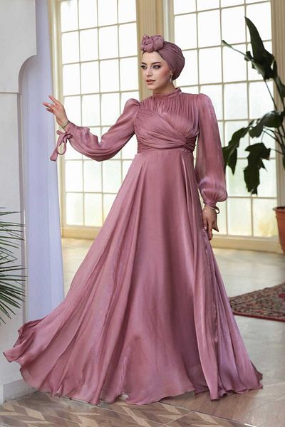 N.S NEVA STYLE Βραδινό φόρεμα Drape Detailed Dusty Rose Hijab 4823GK