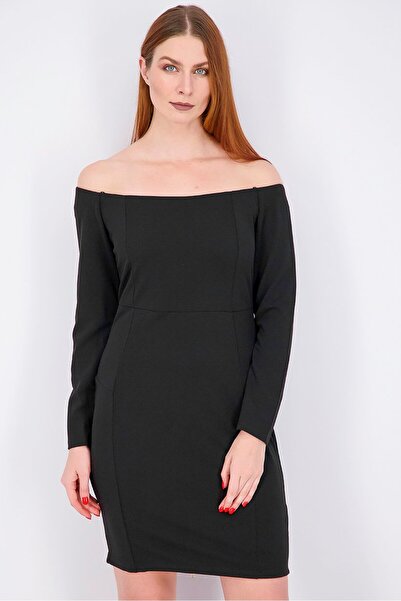 Bebe فستان نسائي بأكمام طويلة وأكتاف مكشوفة، أسود