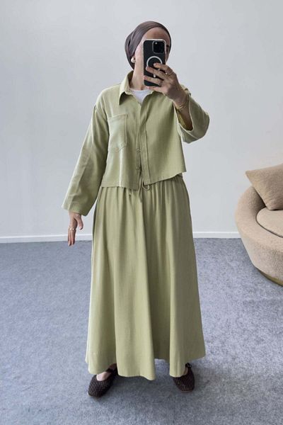 Hatun Atila Double Suit with Short Shirt with Pockets and Skirt with Laces 5214 - Khaki