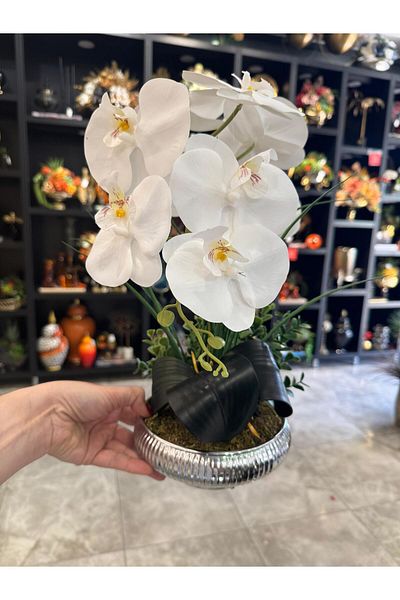 TASARIMHMODA Small Size Striped Flat Vase with Artificial Orchids No:3