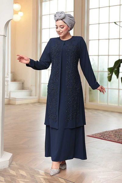 N.S NEVA STYLE Χάντρες Κεντημένο Navy Blue Hijab Abaya 29121L
