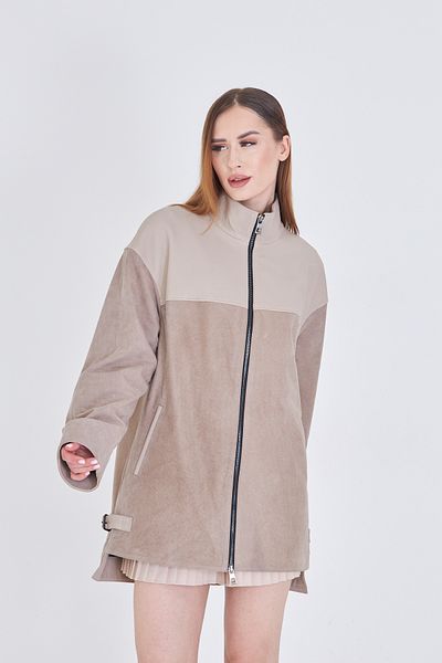 By Marki Marki Women's Beige Genuine Leather Coat – Jumbo & Suede Mix, Oversize Fit, Zippered, 80 cm - 105122